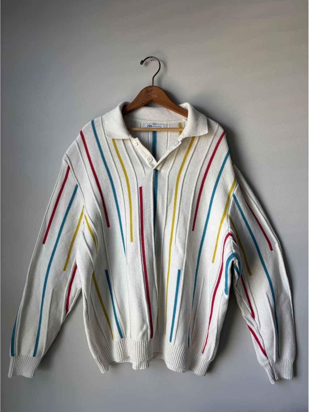 Zara Men's White Knit Polo Sweater Vertical Stripe 90s Retro Oversized XL